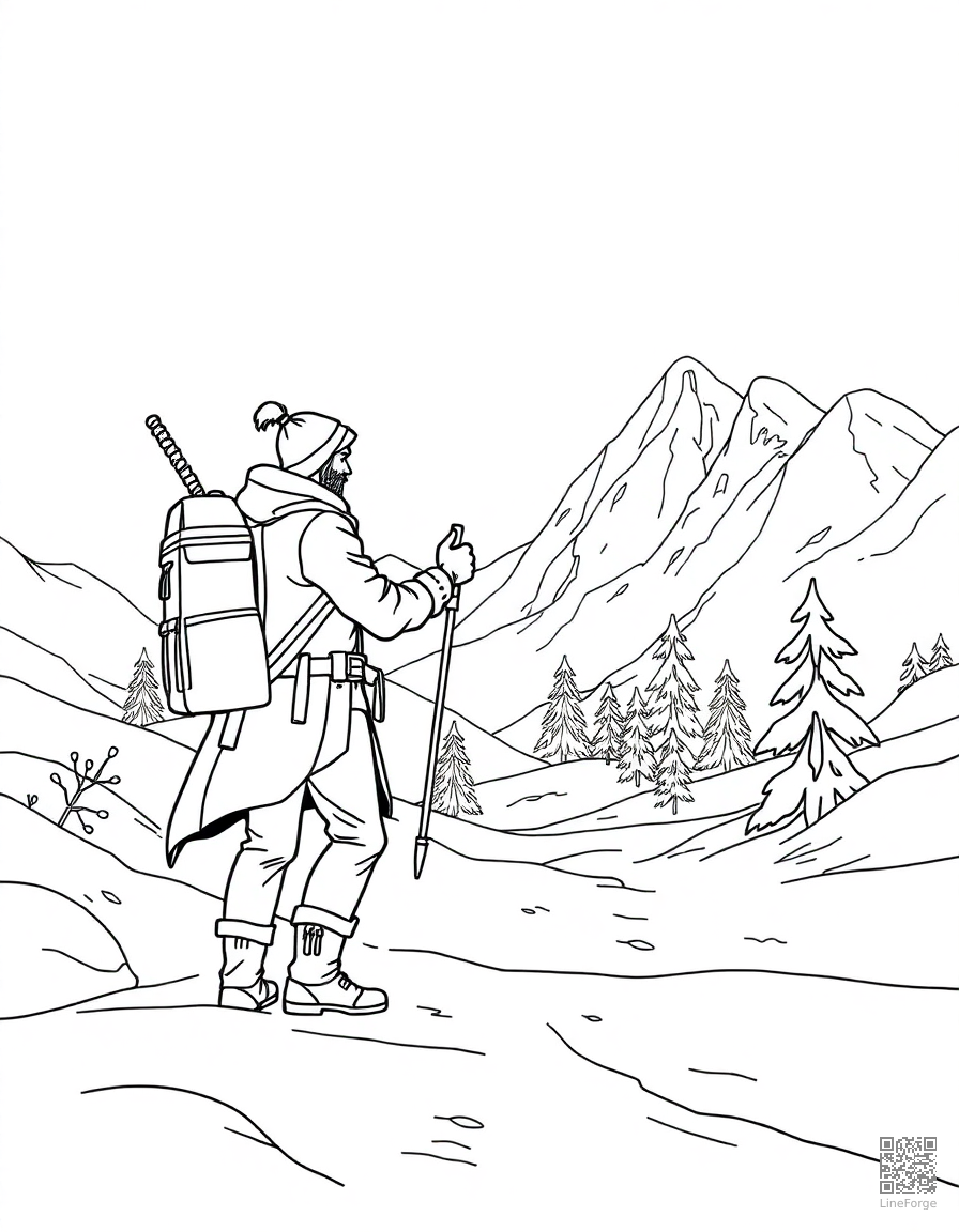 Free blizzard scene with brave traveler coloring page in contour style — printable line art