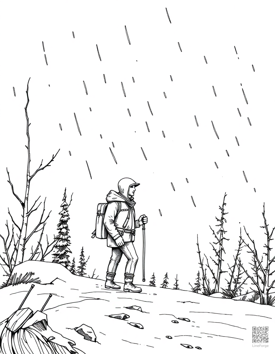 blizzard scene with brave traveler coloring page Crosshatch style free printable