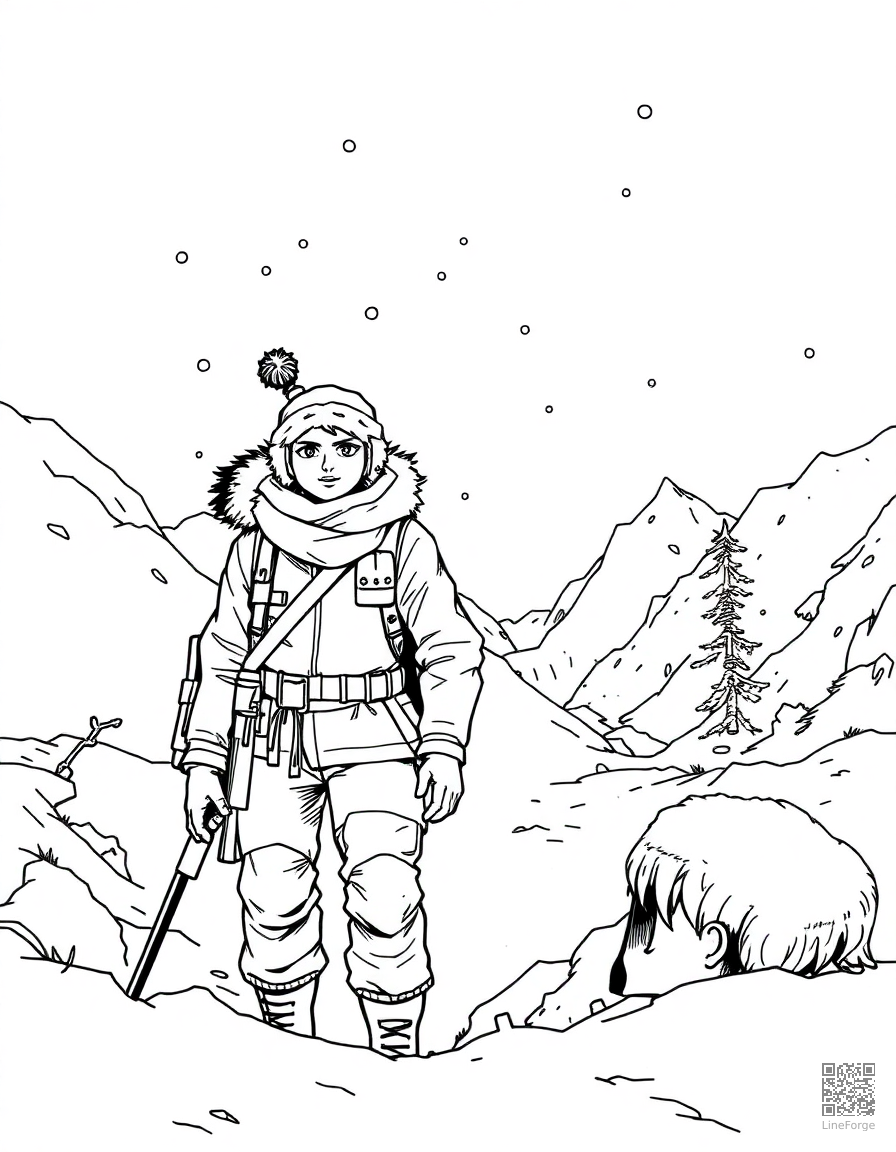 blizzard scene with brave traveler coloring page Manga style free printable