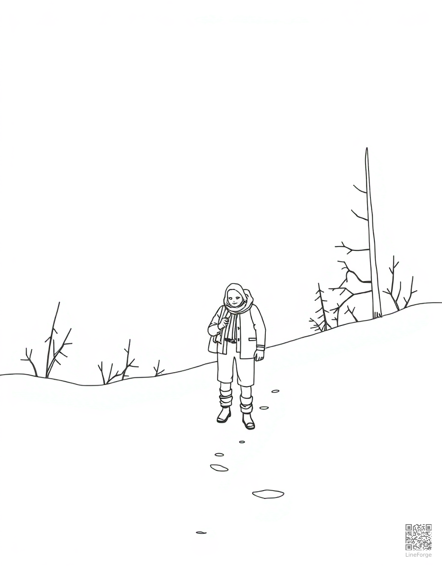Free blizzard scene with brave traveler coloring page in minimal style — printable line art
