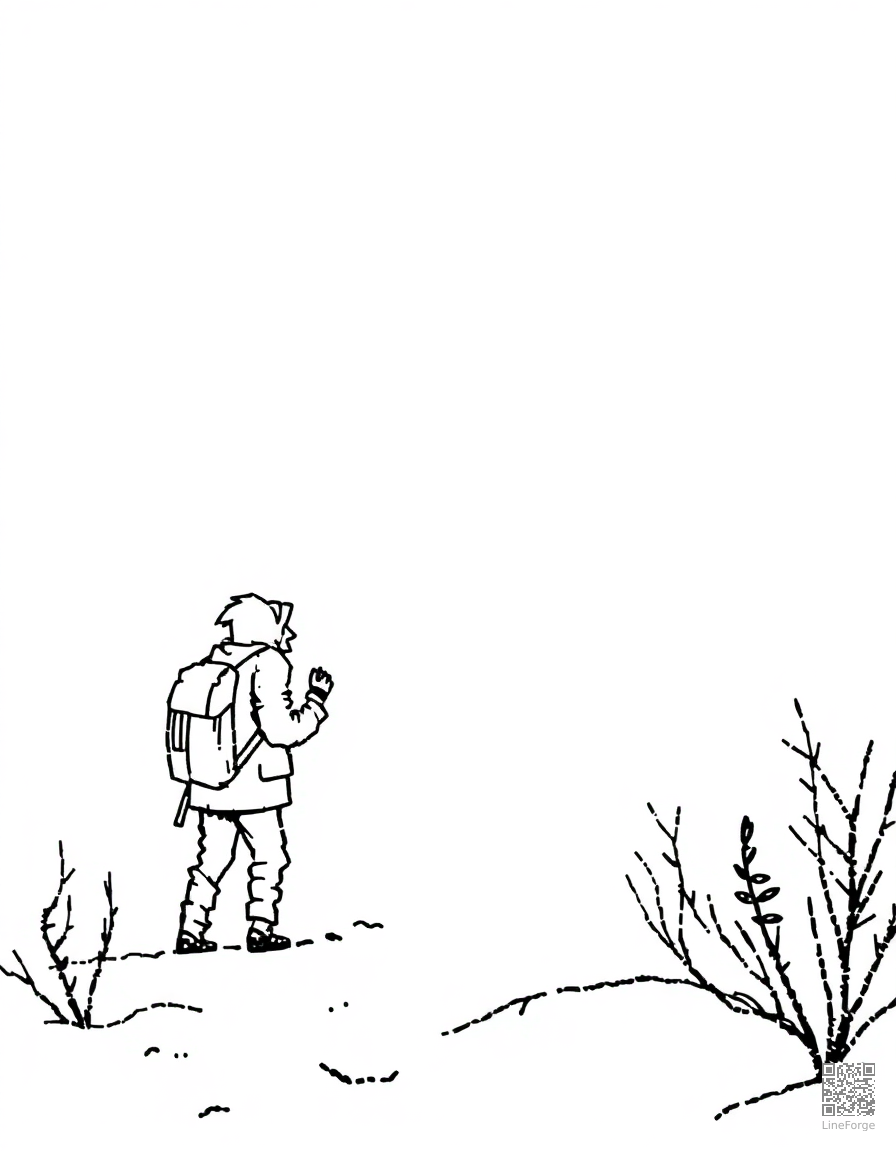 blizzard scene with brave traveler coloring page Stipple style free printable