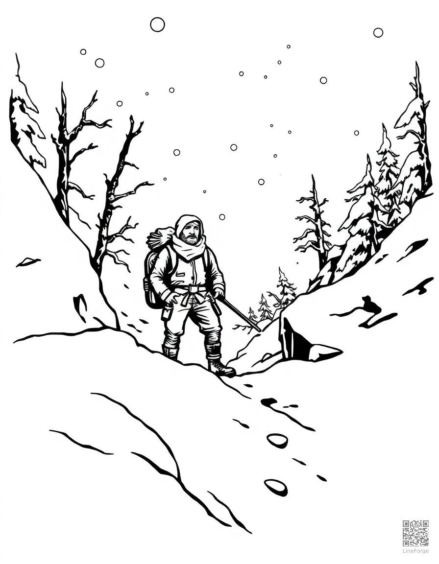 blizzard scene with brave traveler coloring page Woodcut style free printable