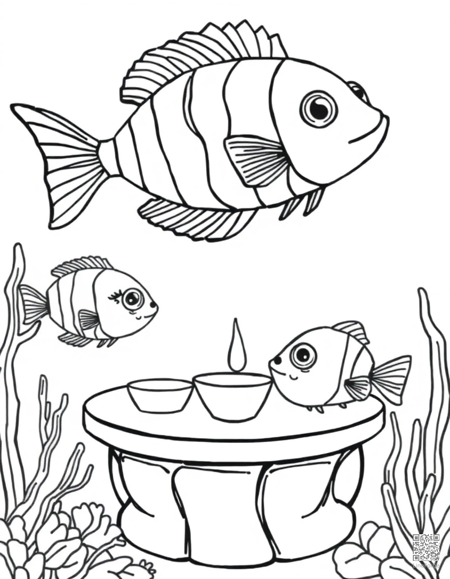 blowfish at a underwater tea party coloring page Contour style - free printable