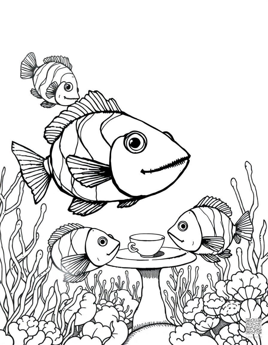 blowfish at a underwater tea party coloring page Crosshatch style - free printable