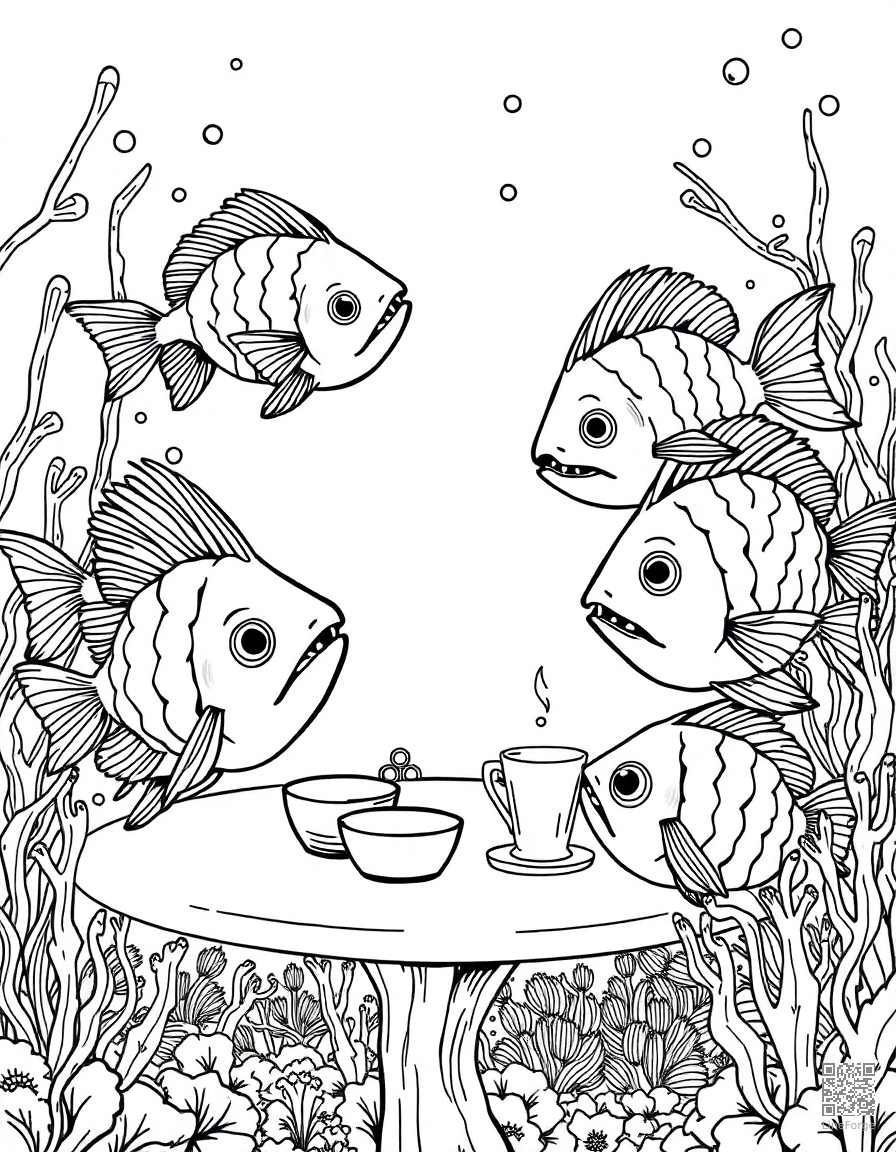 blowfish at a underwater tea party coloring page Manga style - free printable