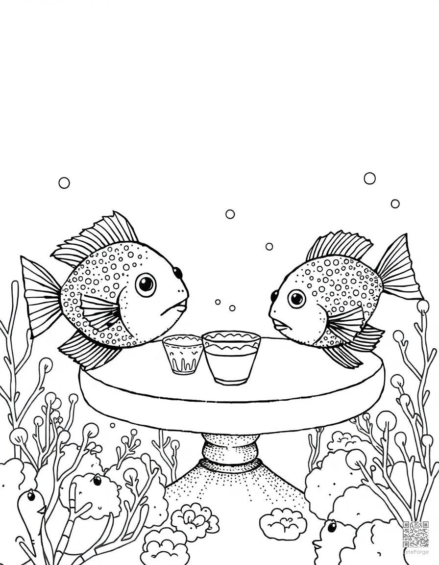 blowfish at a underwater tea party coloring page Stipple style - free printable