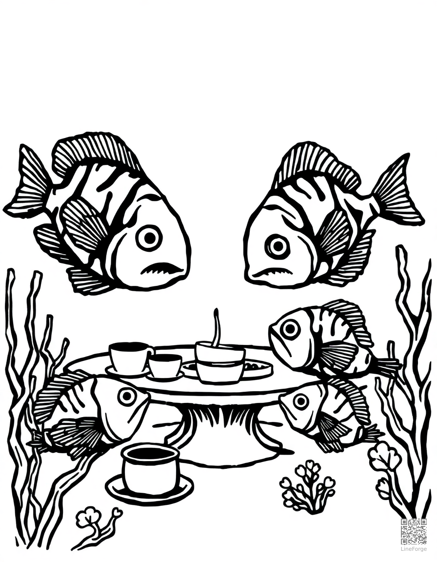 blowfish at a underwater tea party coloring page Woodcut style - free printable