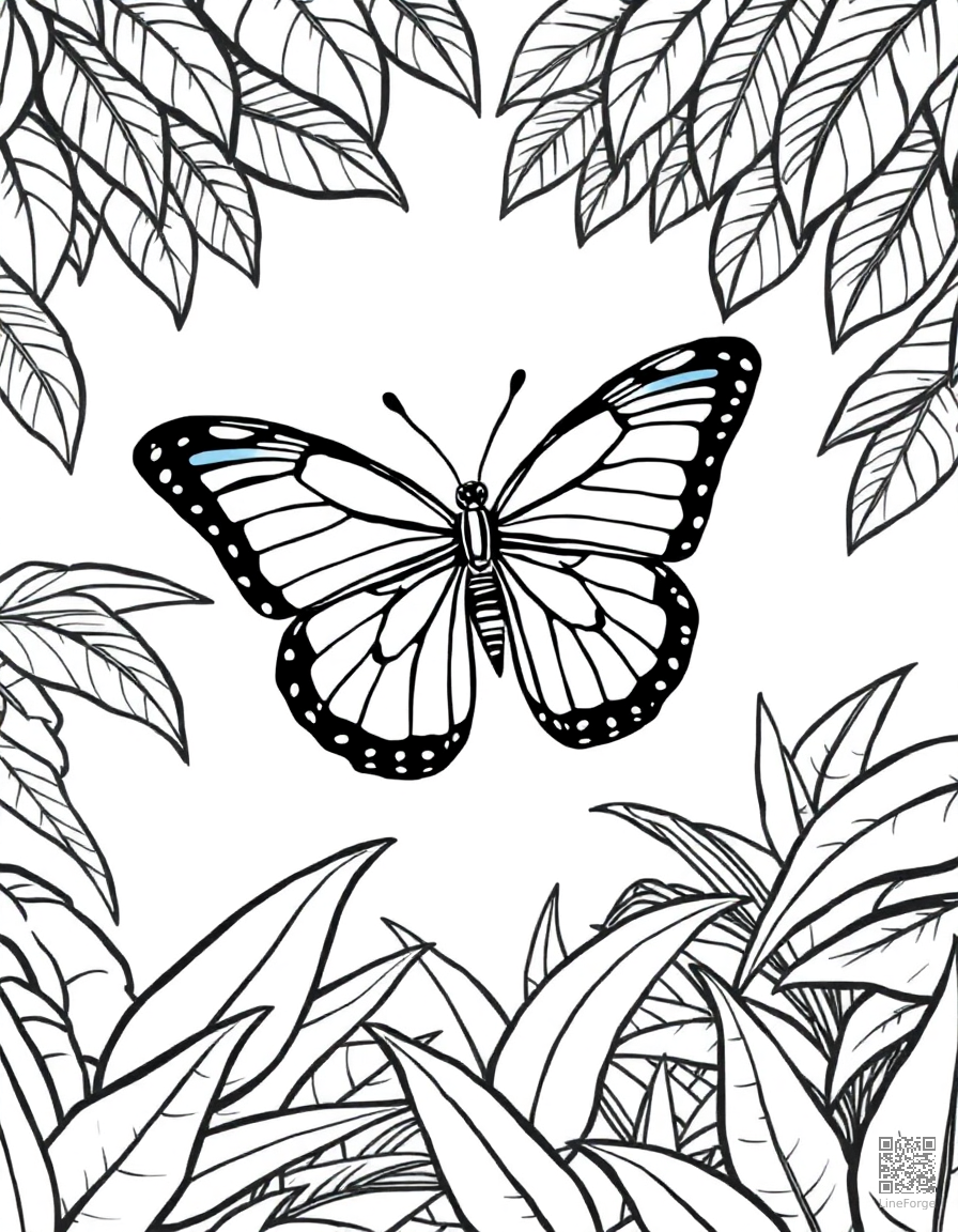 blue morpho butterfly in a tropical forest coloring page Contour style - free printable