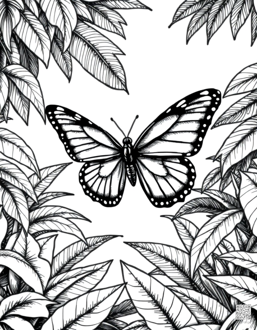 blue morpho butterfly in a tropical forest coloring page Crosshatch style - free printable