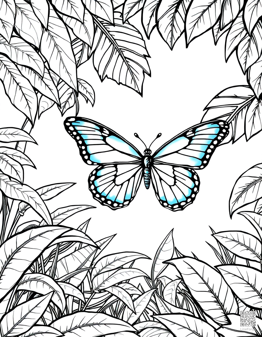 blue morpho butterfly in a tropical forest coloring page Manga style - free printable