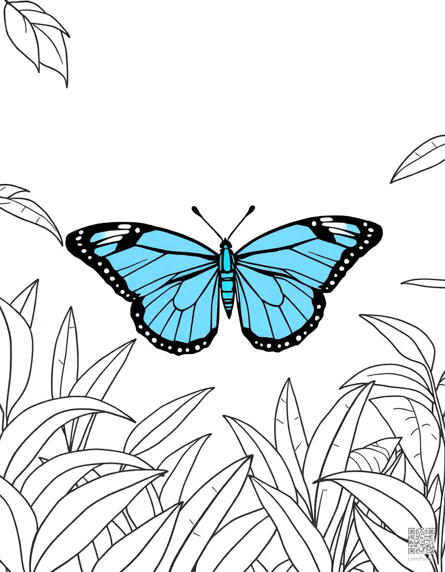 blue morpho butterfly in a tropical forest coloring page Minimal style - free printable