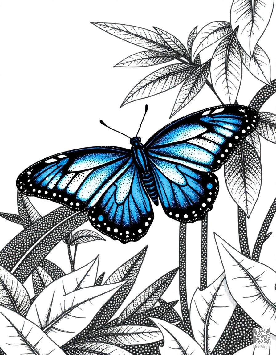 blue morpho butterfly in a tropical forest coloring page Stipple style - free printable