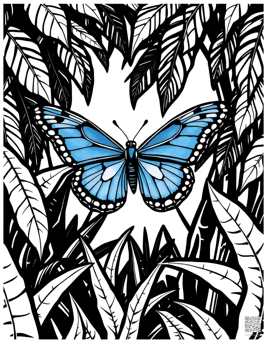 blue morpho butterfly in a tropical forest coloring page Woodcut style - free printable