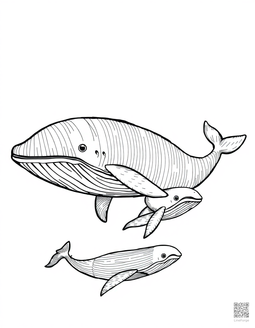 blue whale swimming with baby whale coloring page Crosshatch style - free printable