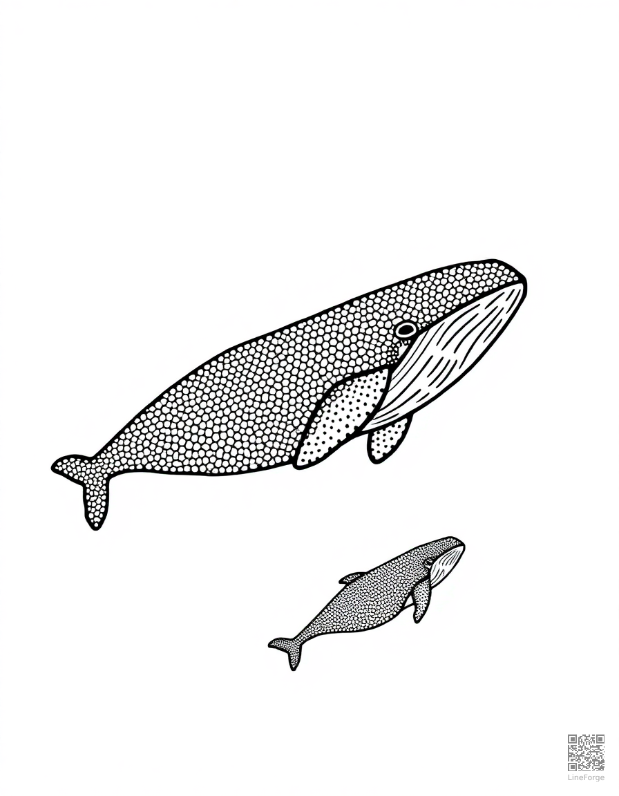 blue whale swimming with baby whale coloring page Stipple style - free printable