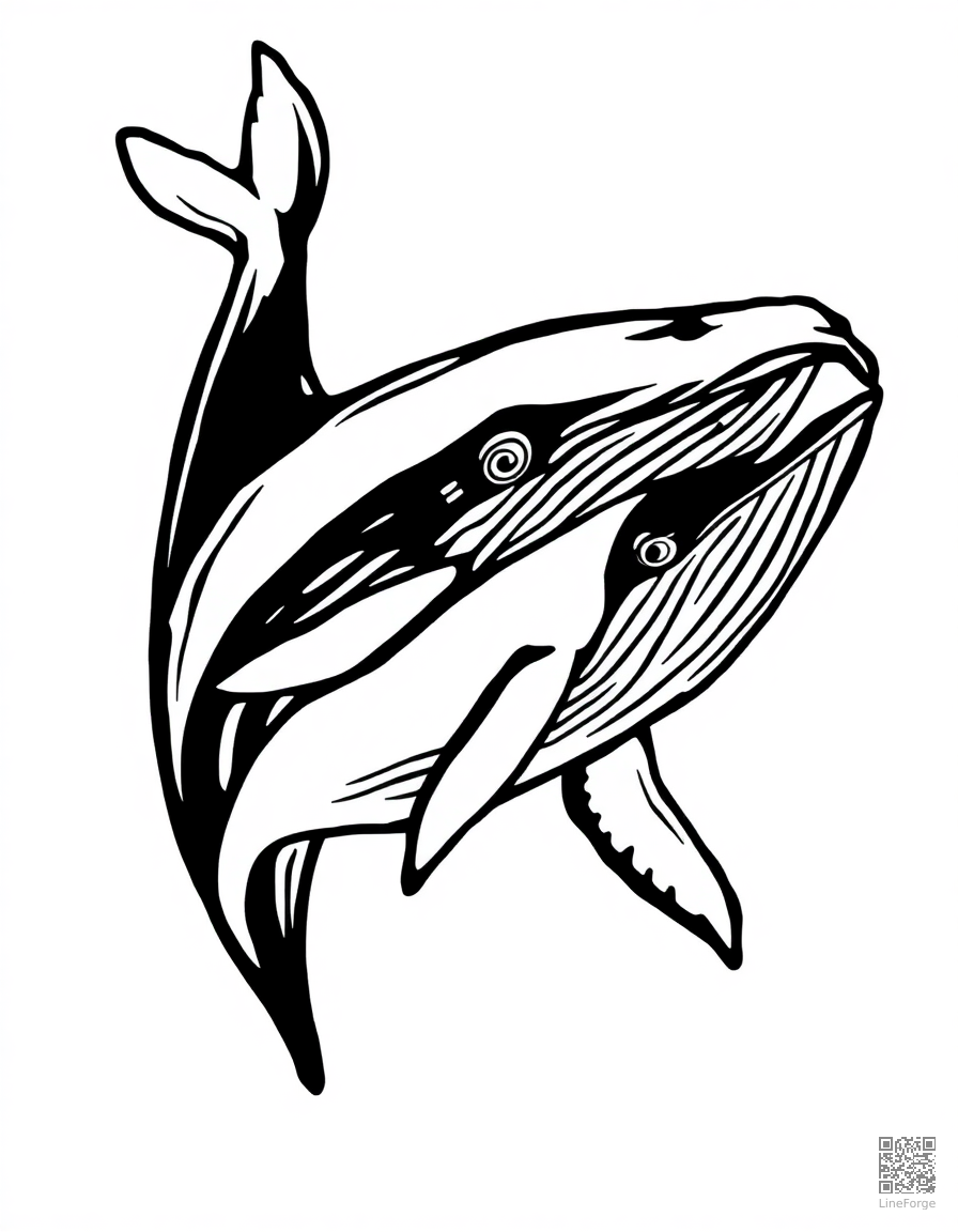blue whale swimming with baby whale coloring page Woodcut style - free printable