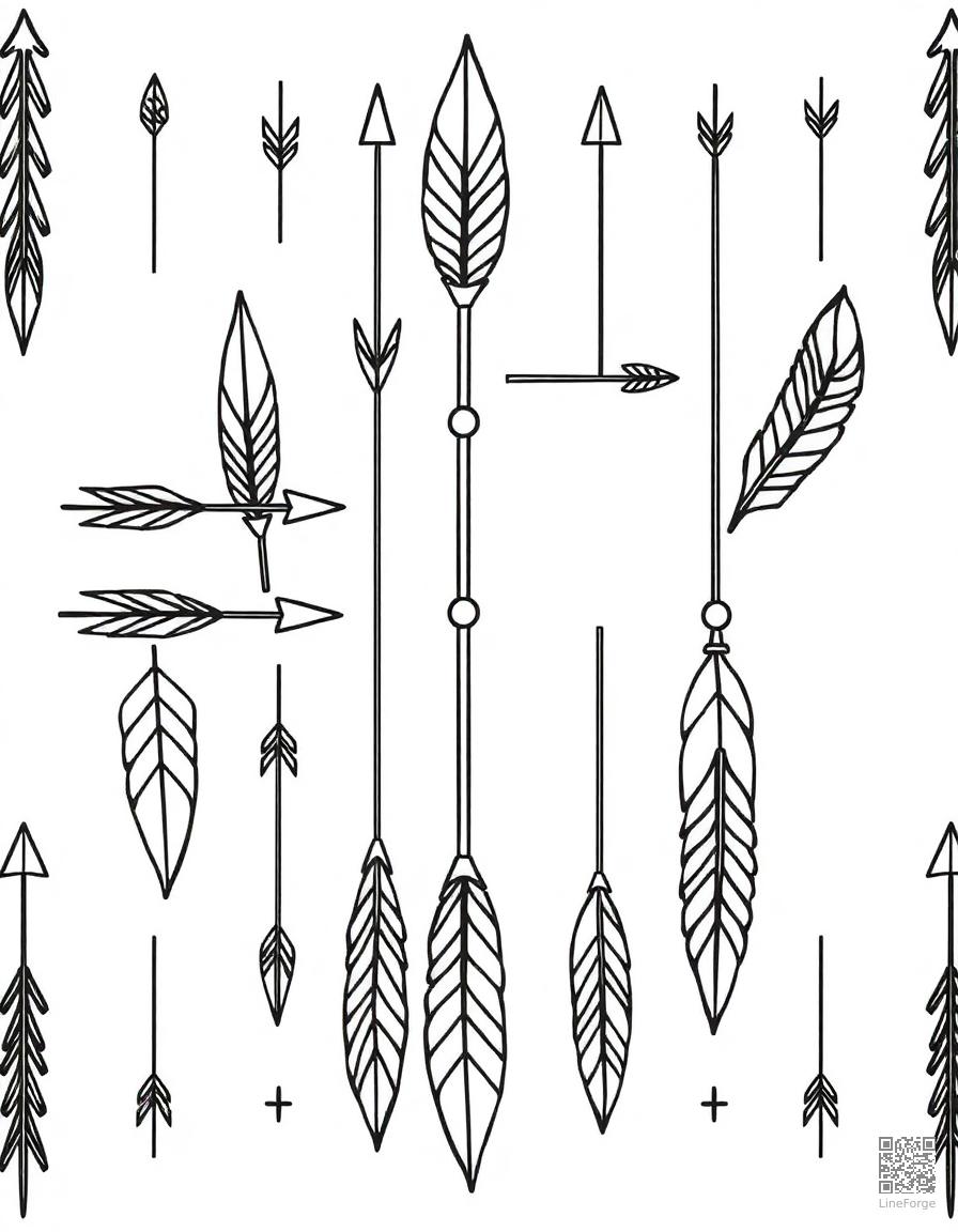 bohemian pattern with arrows and feathers coloring page Contour style - free printable