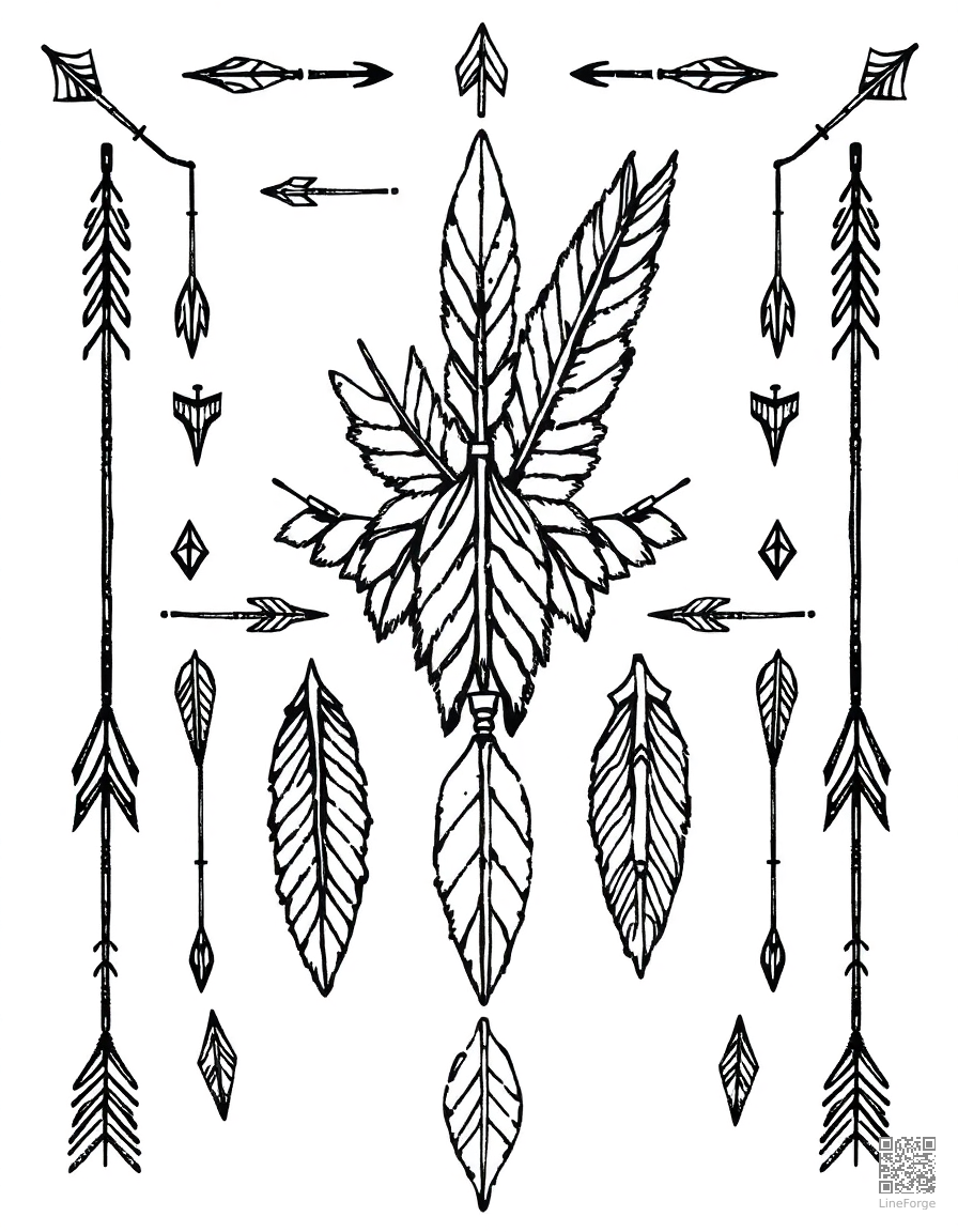 bohemian pattern with arrows and feathers coloring page Crosshatch style - free printable