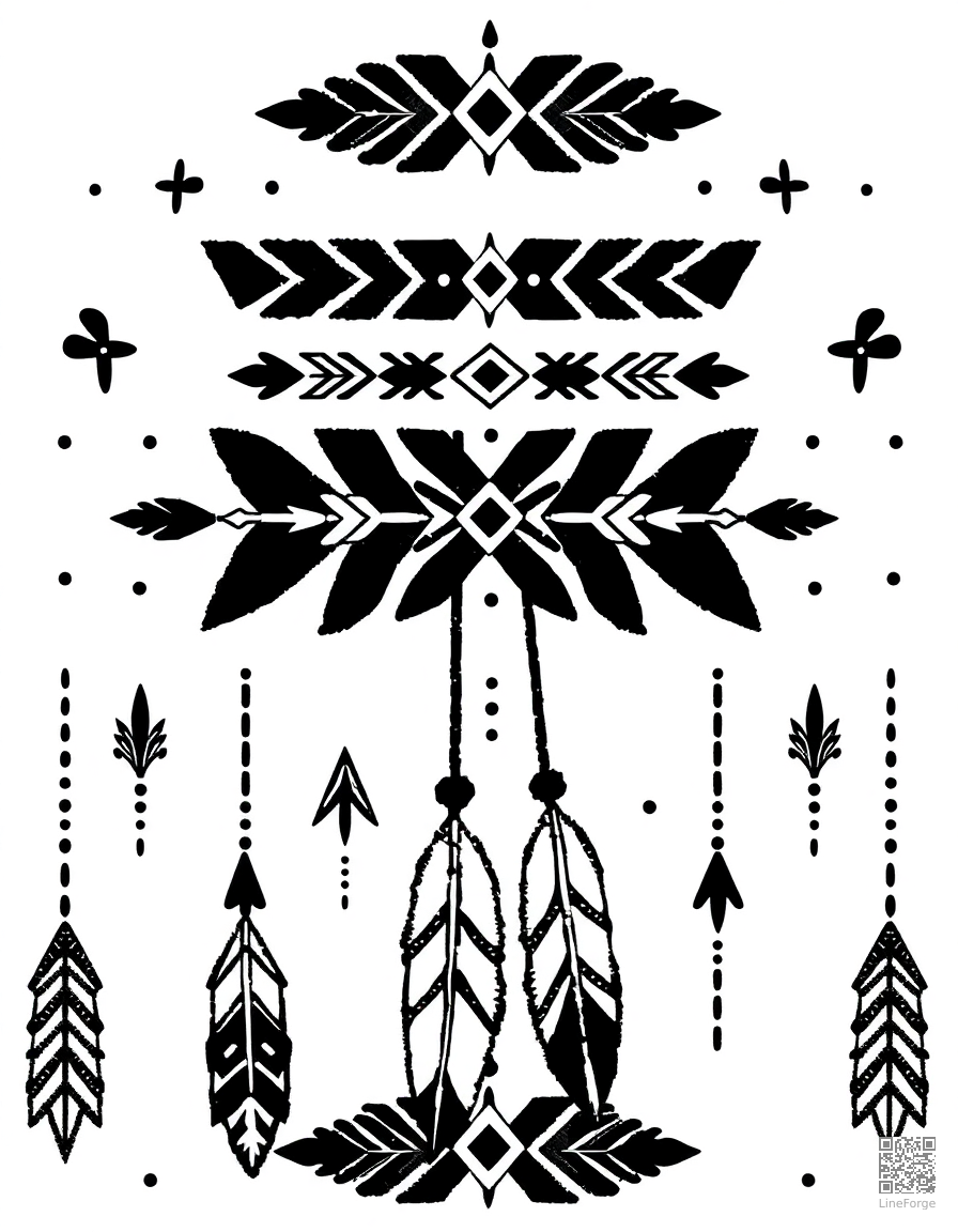 bohemian pattern with arrows and feathers coloring page Stipple style - free printable