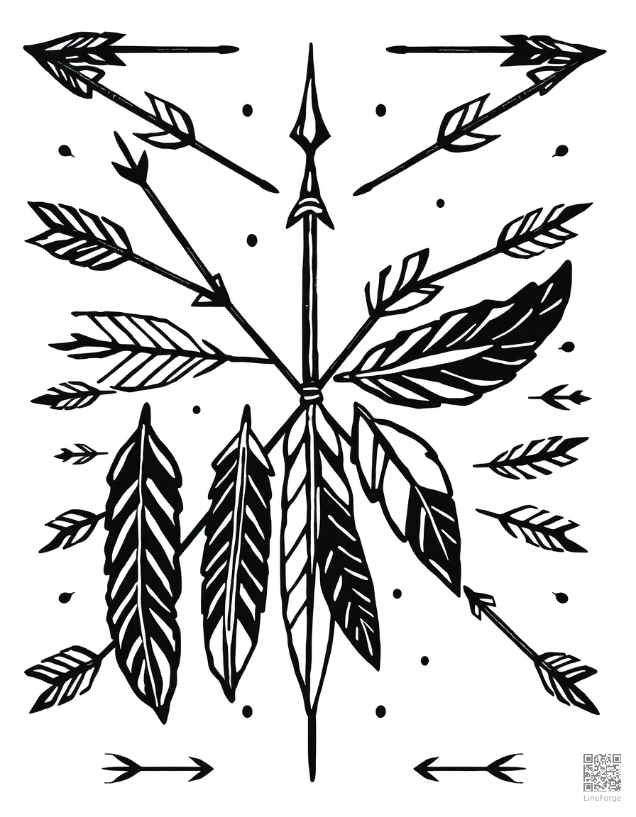 bohemian pattern with arrows and feathers coloring page Woodcut style - free printable
