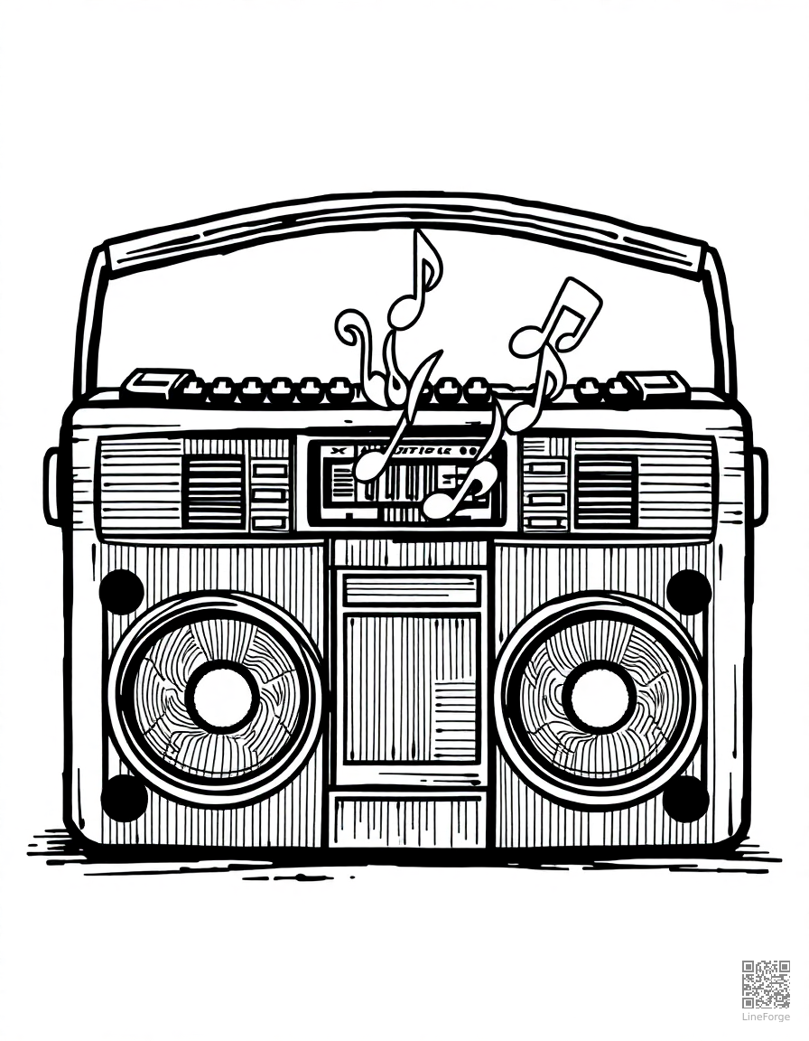 boombox with music notes coming out coloring page Crosshatch style - free printable