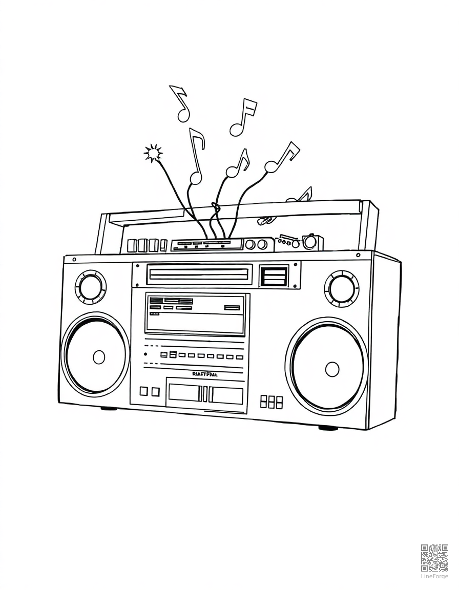 boombox with music notes coming out coloring page Manga style - free printable
