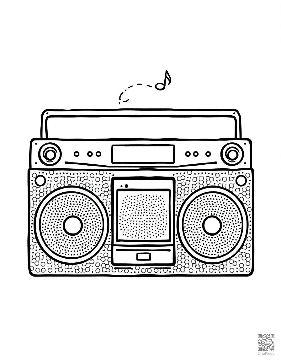 boombox with music notes coming out coloring page Stipple style - free printable