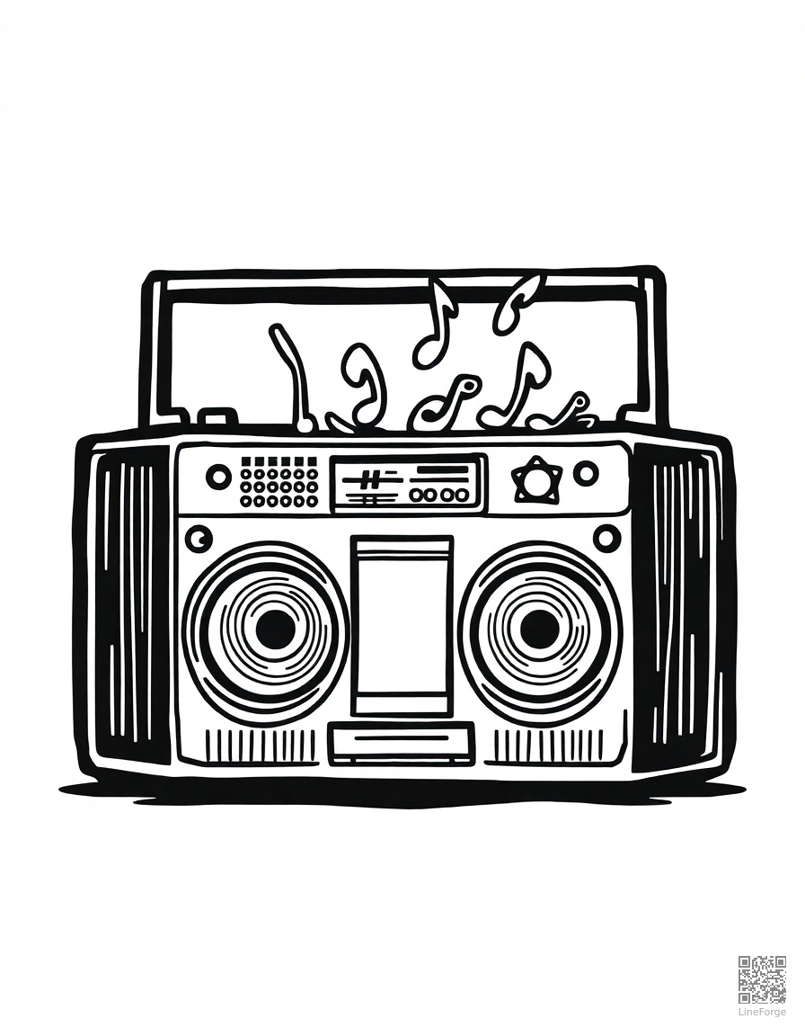 boombox with music notes coming out coloring page Woodcut style - free printable