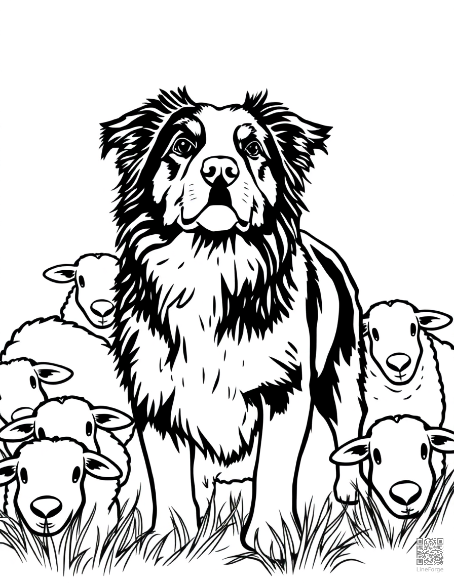 Border Collie herding sheep coloring page Contour style - free printable