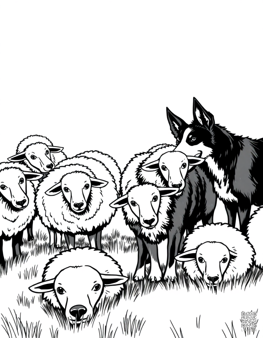 Border Collie herding sheep coloring page Manga style - free printable