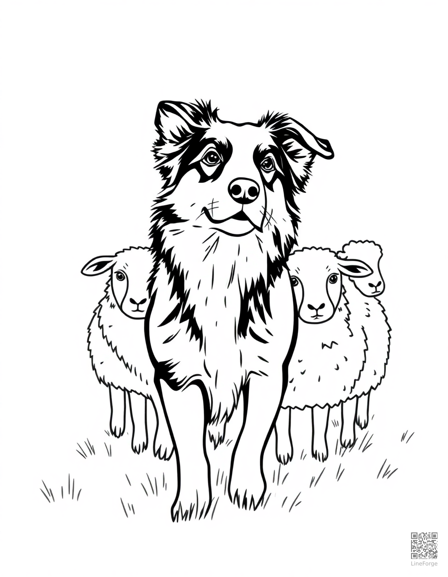Border Collie herding sheep coloring page Minimal style - free printable