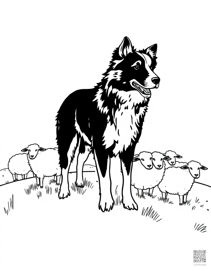 border collie herding sheep on a hillside coloring page Contour style - free printable