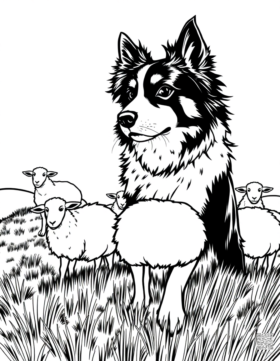 border collie herding sheep on a hillside coloring page Manga style - free printable