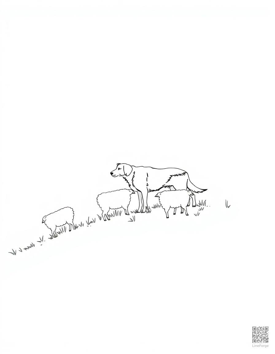 Free border collie herding sheep on a hillside coloring page in minimal style — printable line art