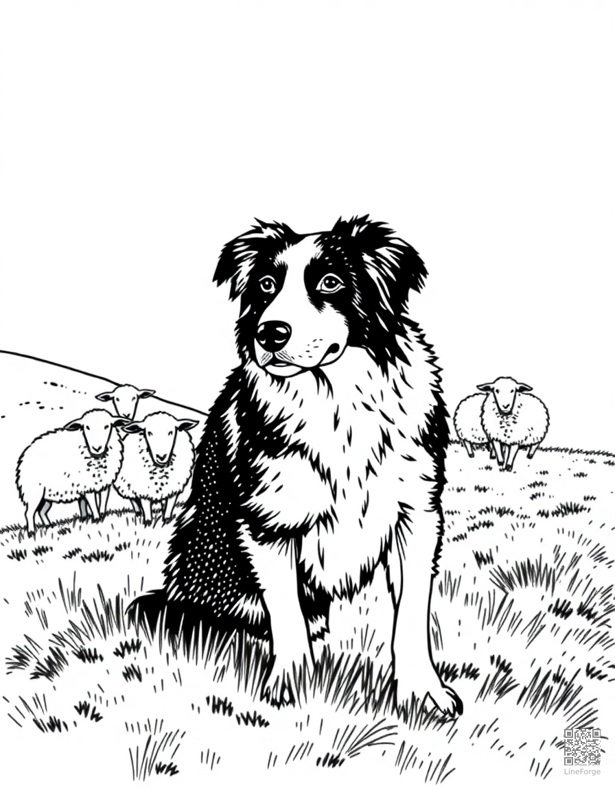 border collie herding sheep on a hillside coloring page Stipple style - free printable