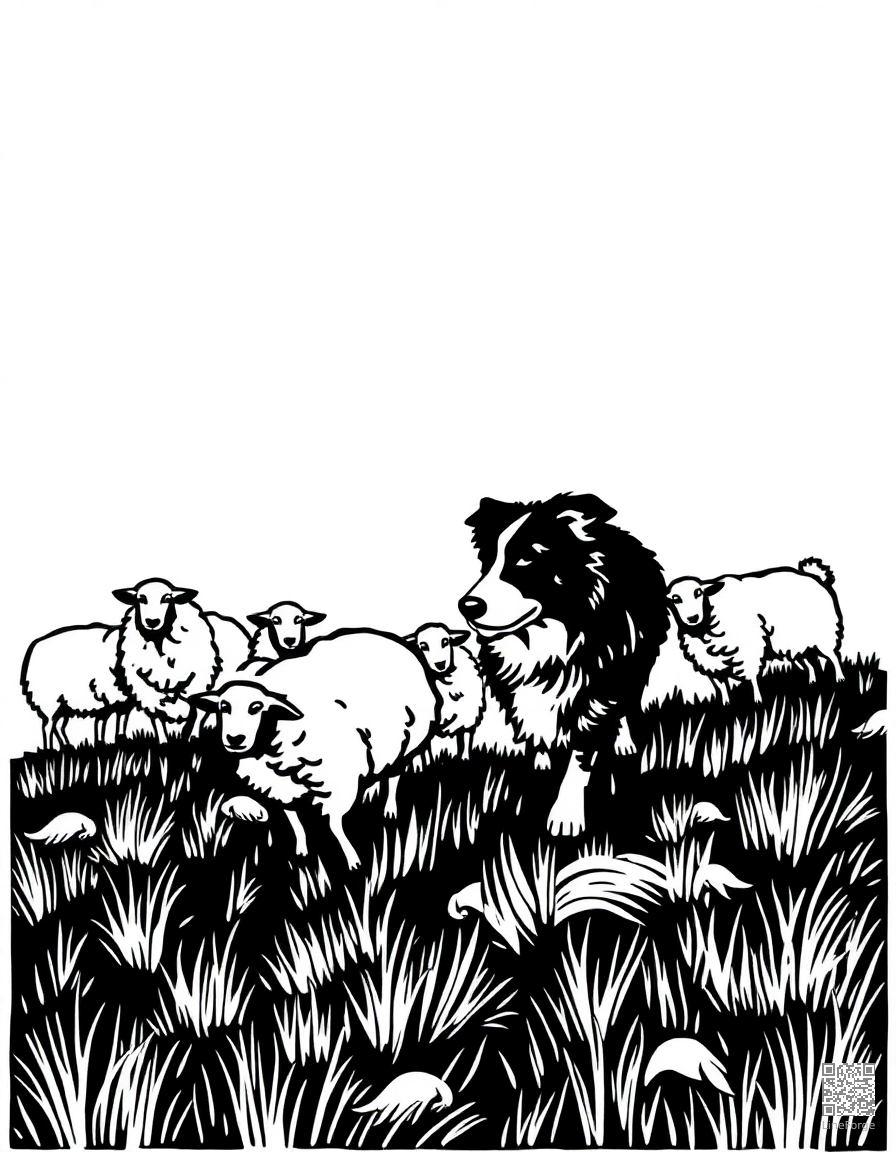 Free border collie herding sheep on a hillside coloring page in woodcut style — printable line art