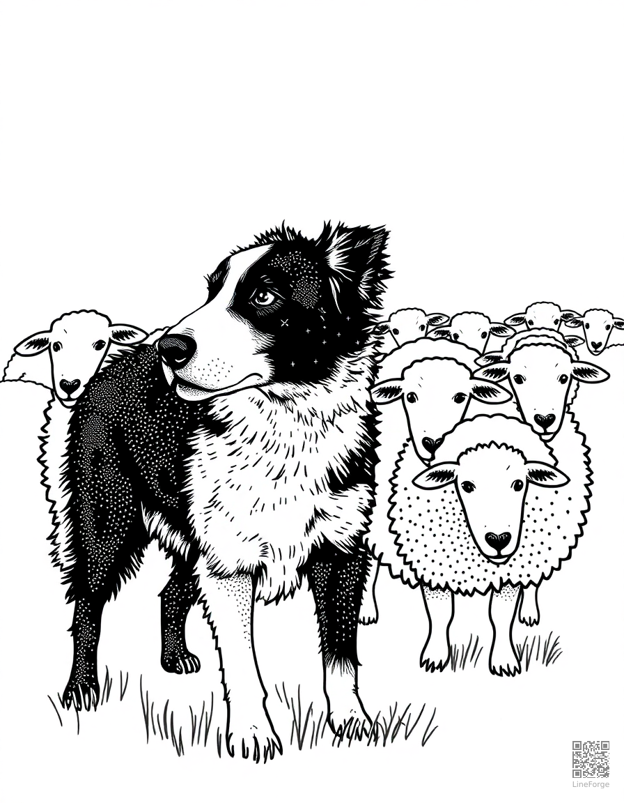 Border Collie herding sheep coloring page Stipple style - free printable