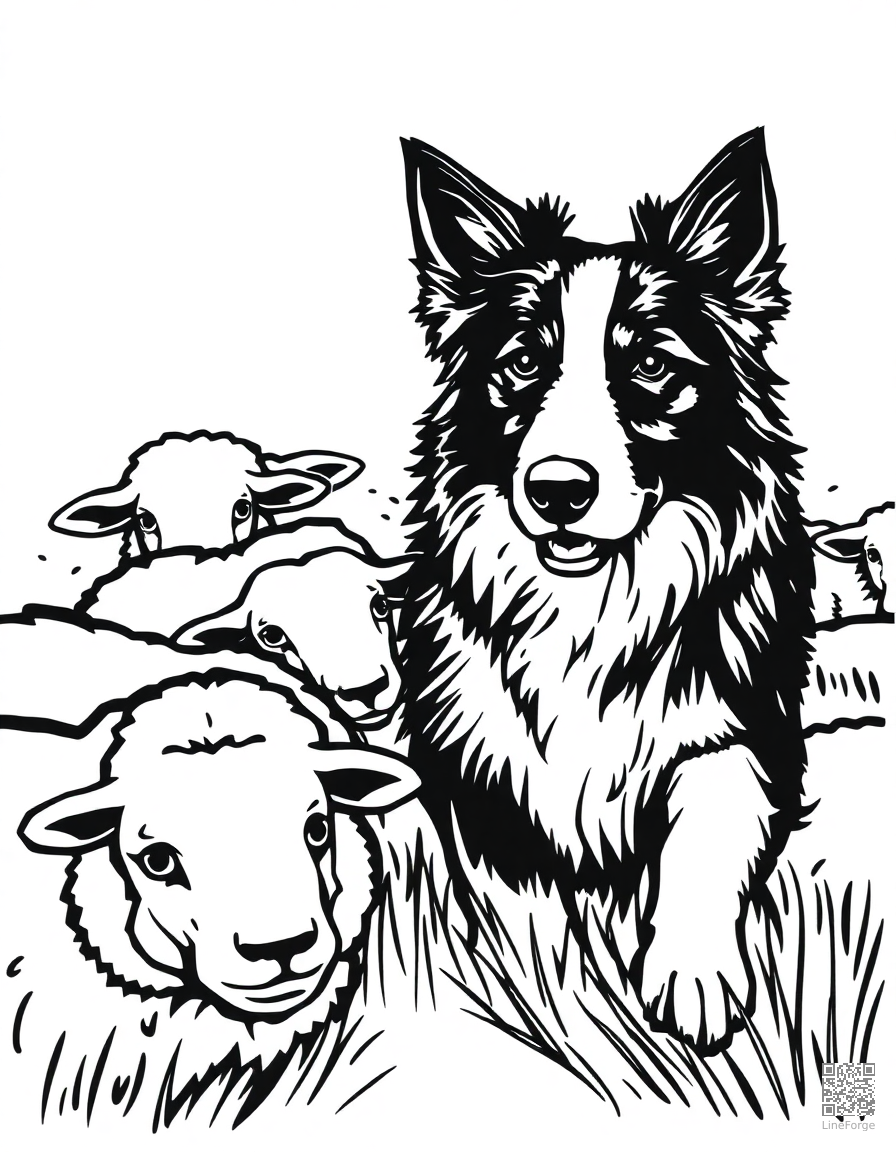 Border Collie herding sheep coloring page Woodcut style - free printable