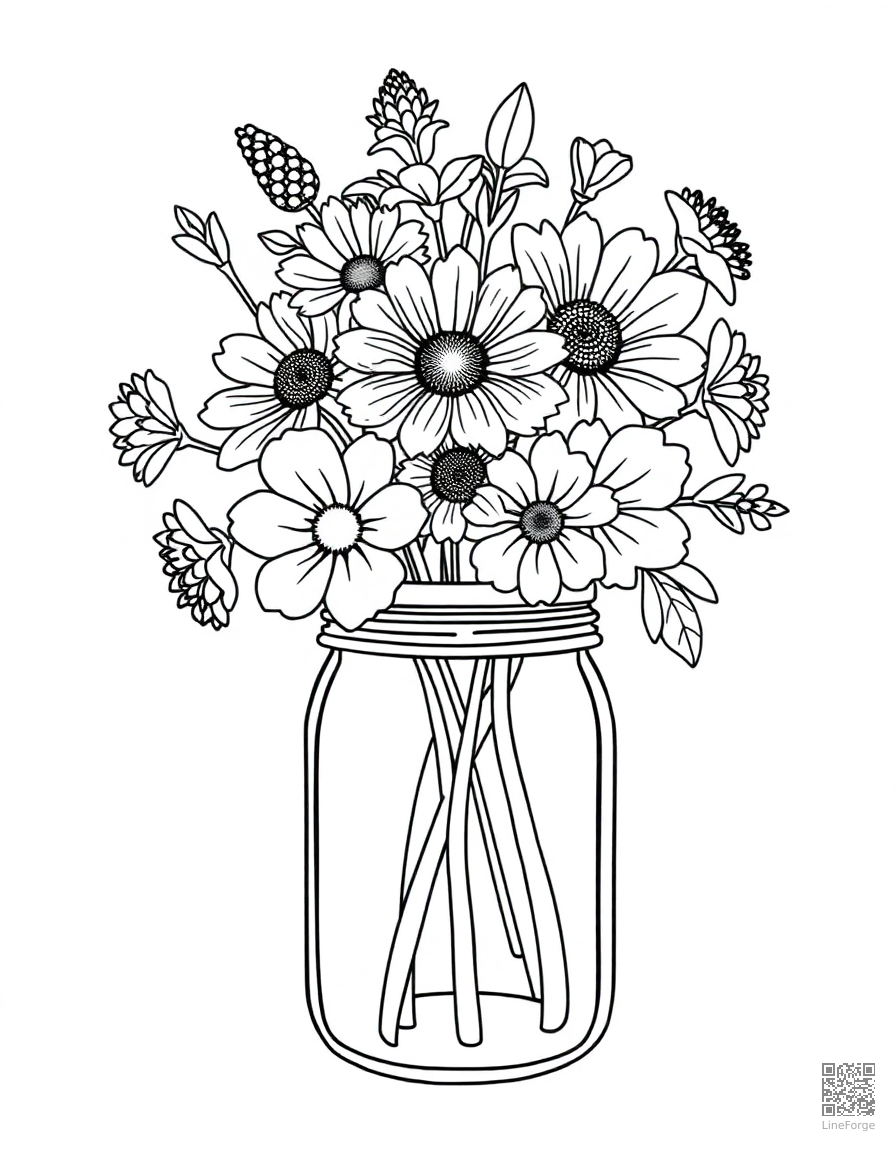 bouquet of wildflowers in a mason jar coloring page Contour style - free printable