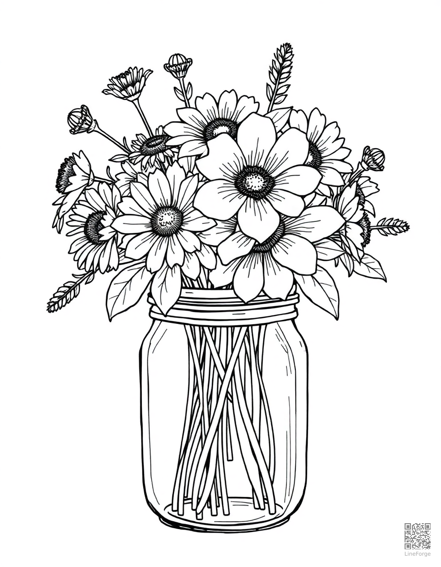 bouquet of wildflowers in a mason jar coloring page Crosshatch style - free printable