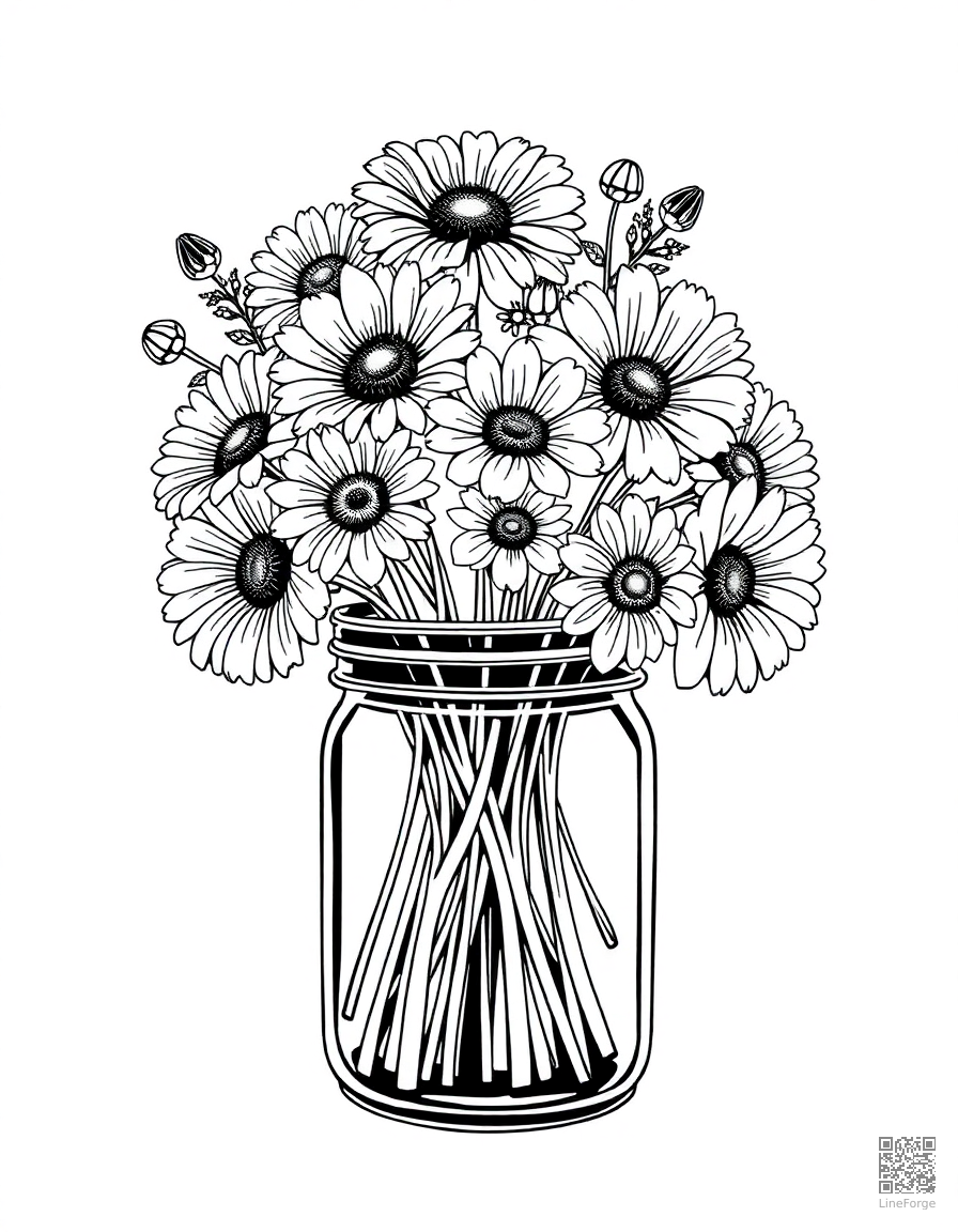 bouquet of wildflowers in a mason jar coloring page Manga style free printable