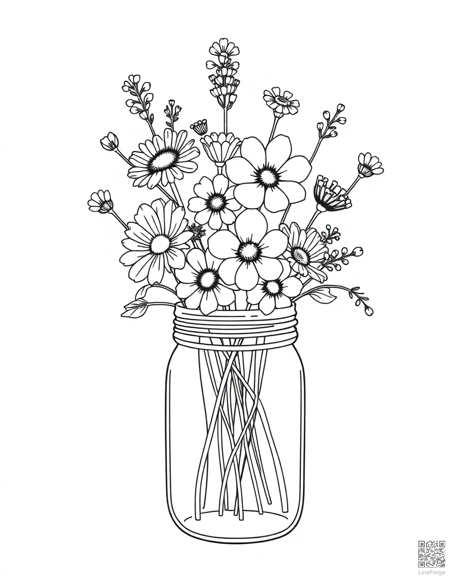 bouquet of wildflowers in a mason jar coloring page Minimal style free printable