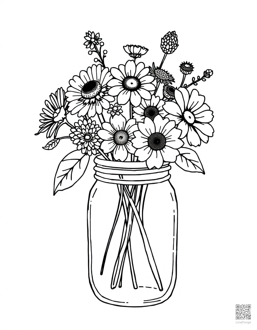 bouquet of wildflowers in a mason jar coloring page Stipple style - free printable