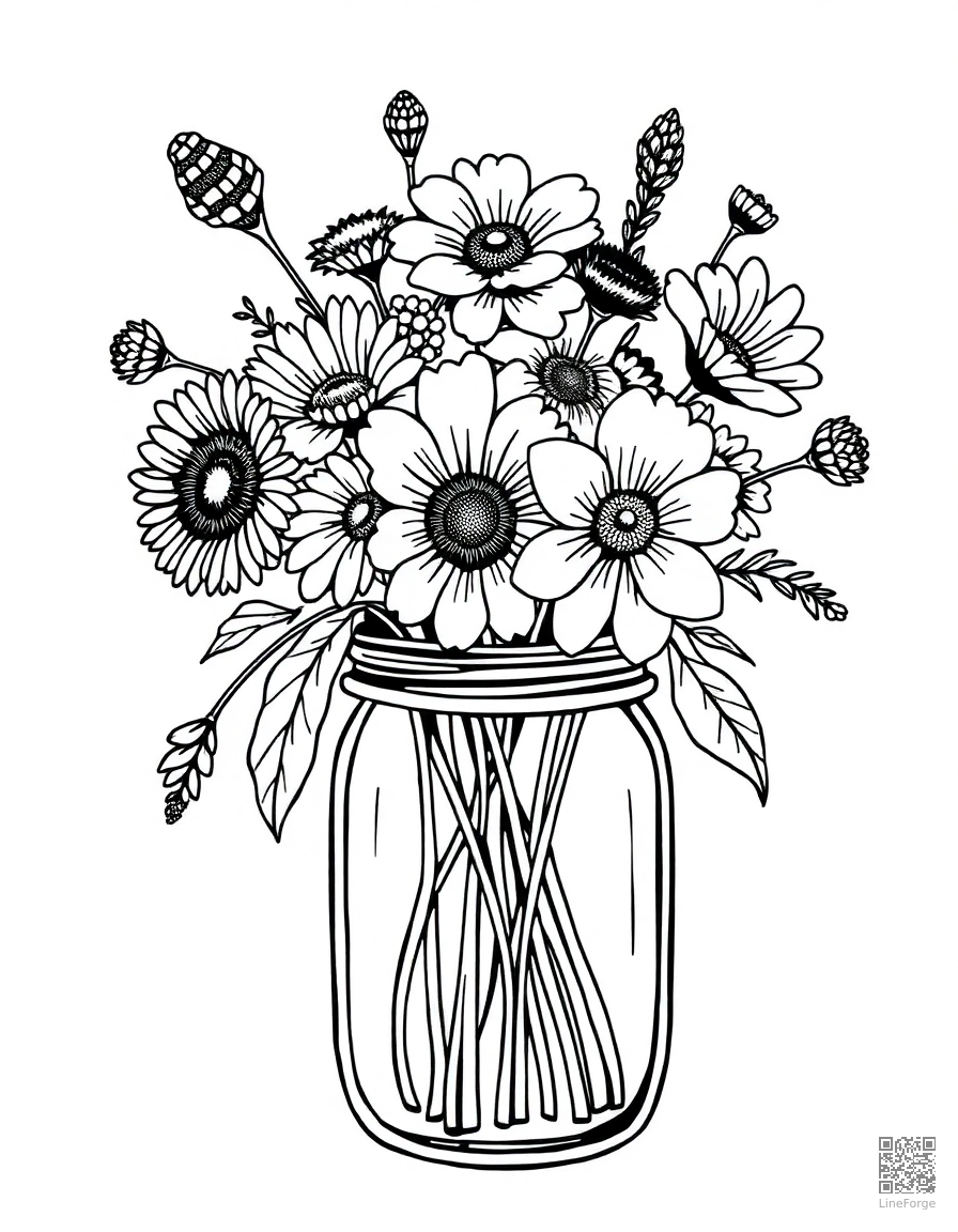 bouquet of wildflowers in a mason jar coloring page Woodcut style free printable