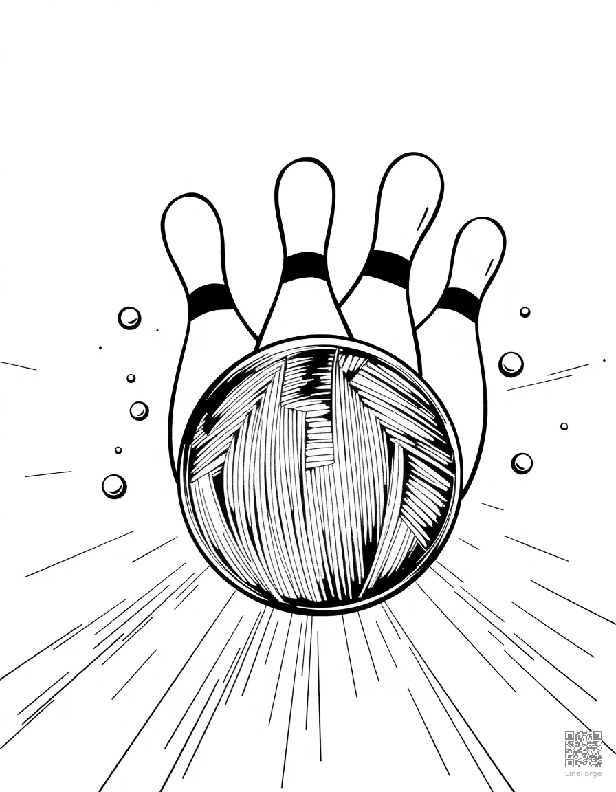 bowling strike with pins flying coloring page Crosshatch style - free printable