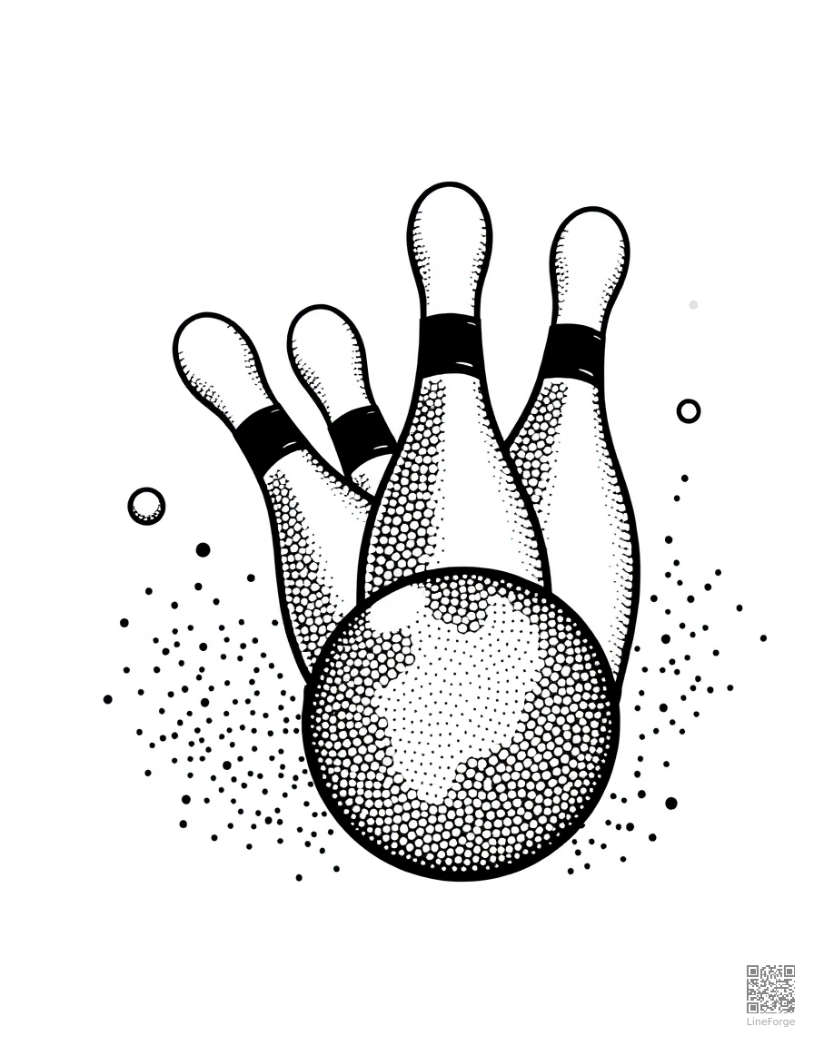bowling strike with pins flying coloring page Stipple style - free printable