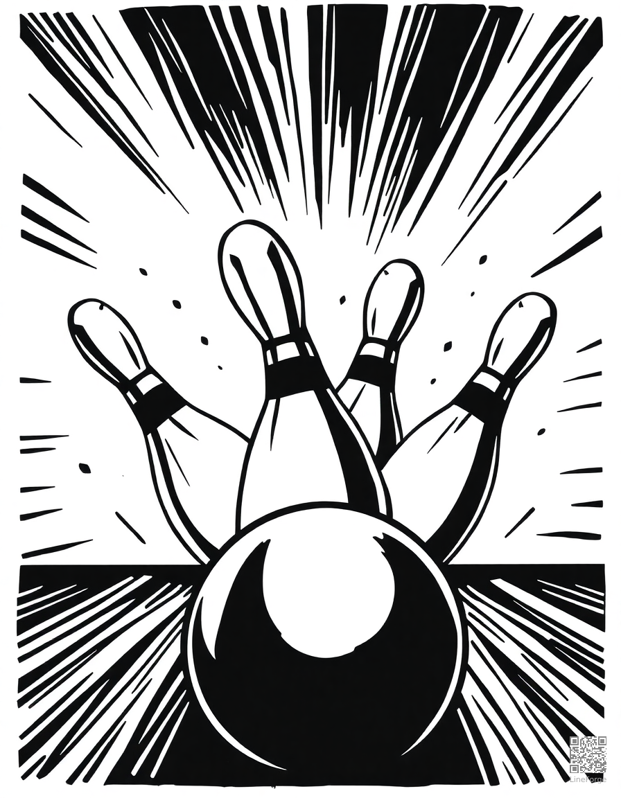 bowling strike with pins flying coloring page Woodcut style - free printable
