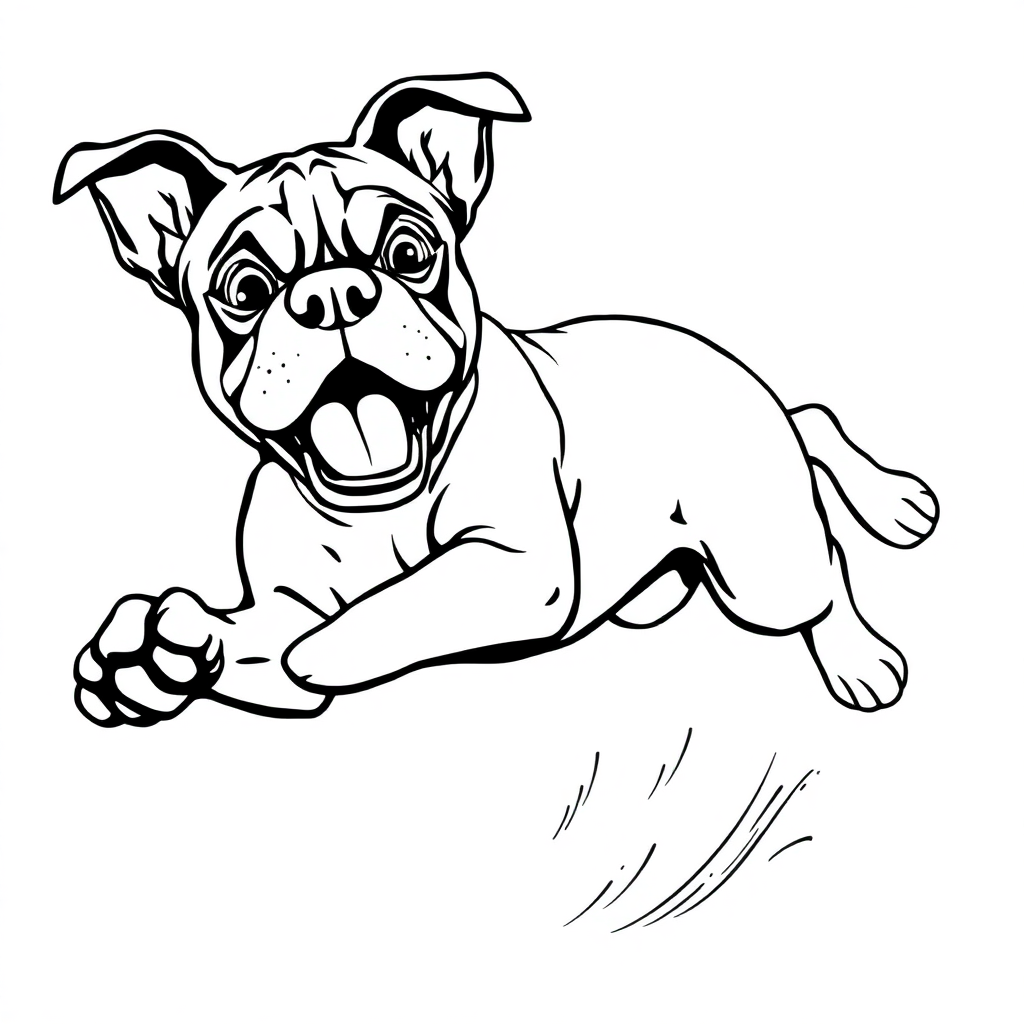 Boxer dog — playing and running, energetic and joyful coloring page Manga style - free printable