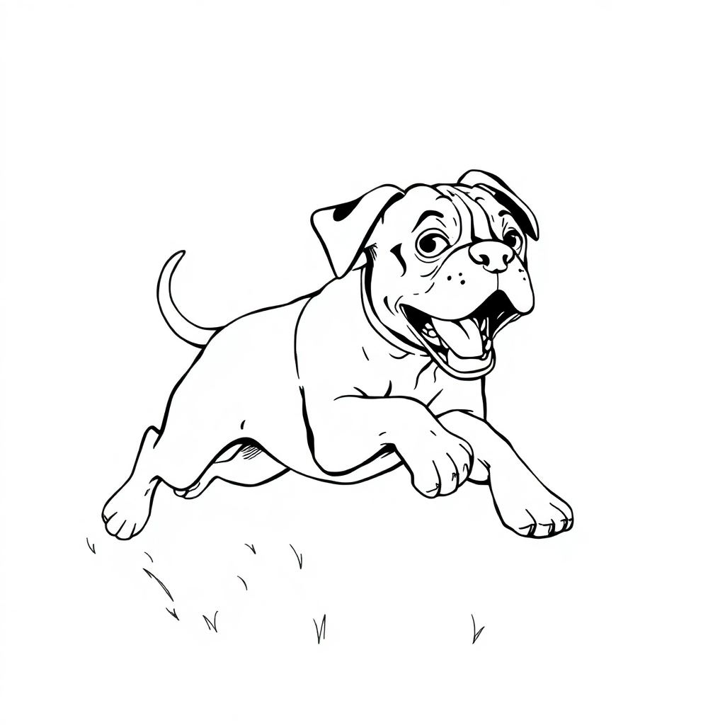 Boxer dog — playing and running, energetic and joyful coloring page Rockwell style free printable