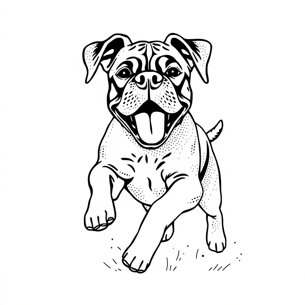 Boxer dog — playing and running, energetic and joyful coloring page Stipple style - free printable